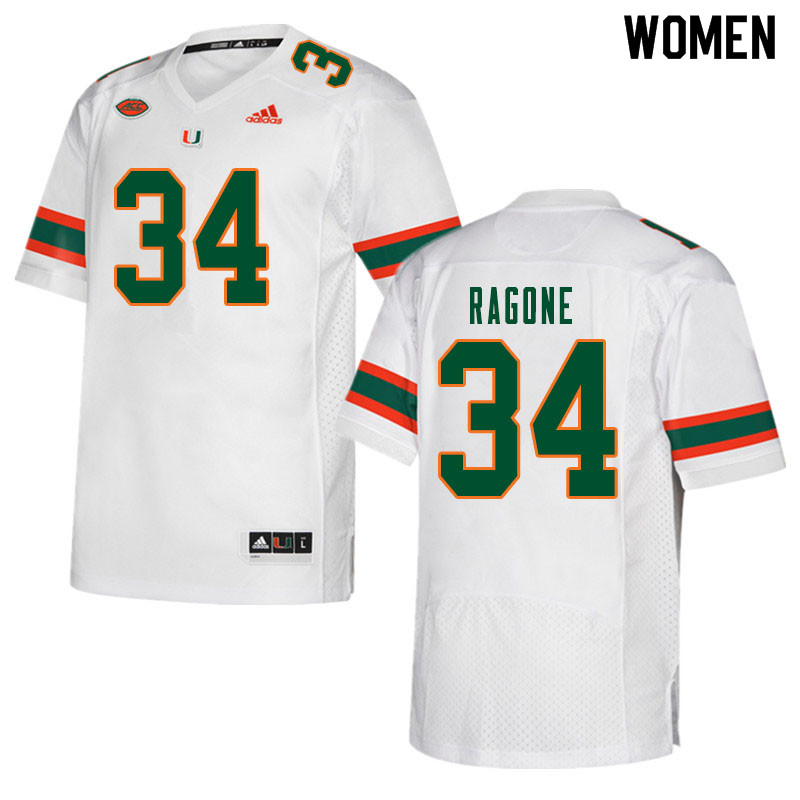 Women #34 Ryan Ragone Miami Hurricanes College Football Jerseys Sale-White - Click Image to Close